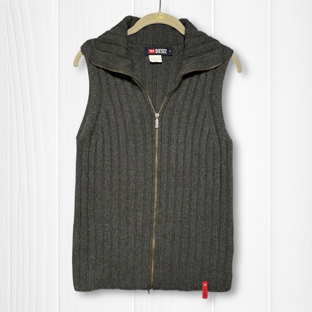 VTG Diesel Ribbed Knit Full Zip Sweater Vest Charcoal Grey Made in Italy‎ Small